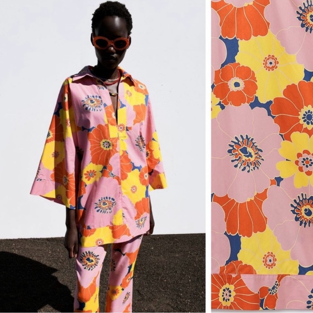 Zara Retro Pink Orange Yellow Floral Printed Oversized Tunic Size Small with hat - Picture 5 of 10